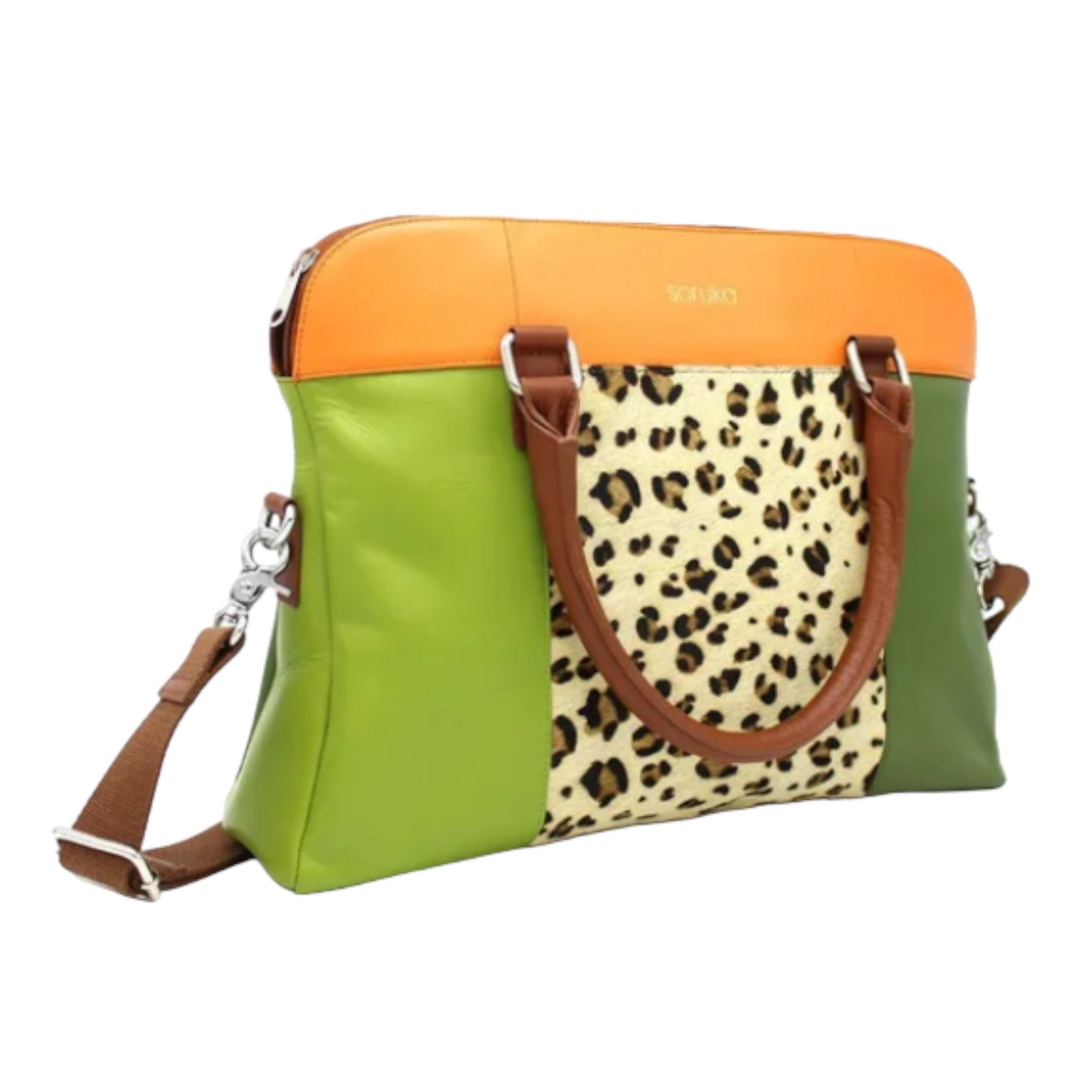 Colorful handbag with green, orange, and leopard print design.