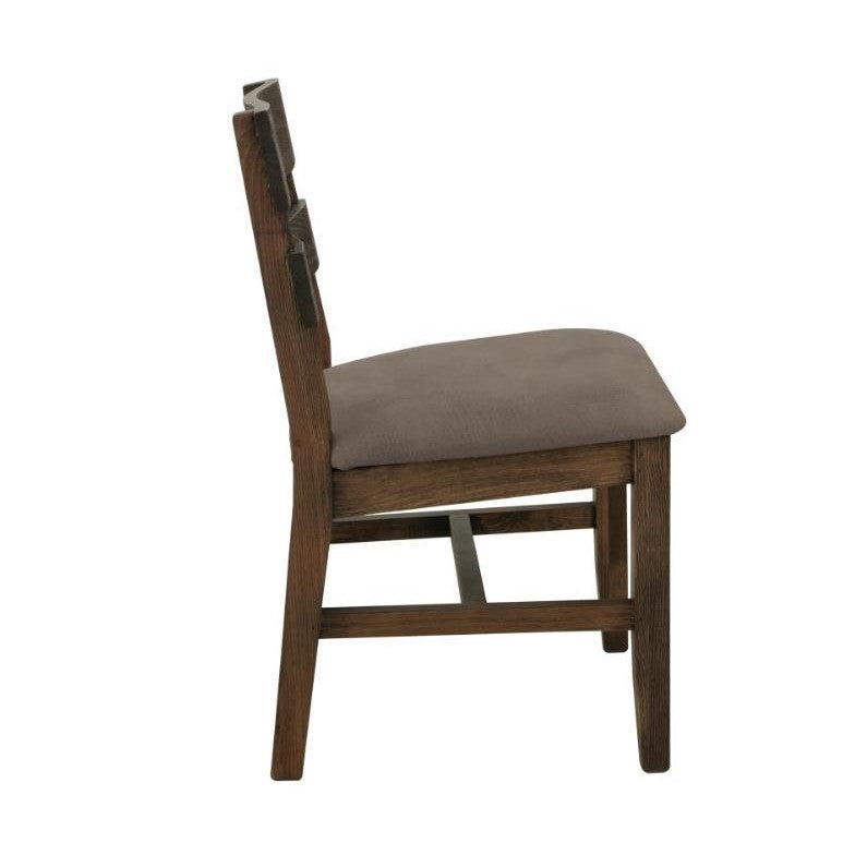 Wooden chair with cushioned seat, back view.