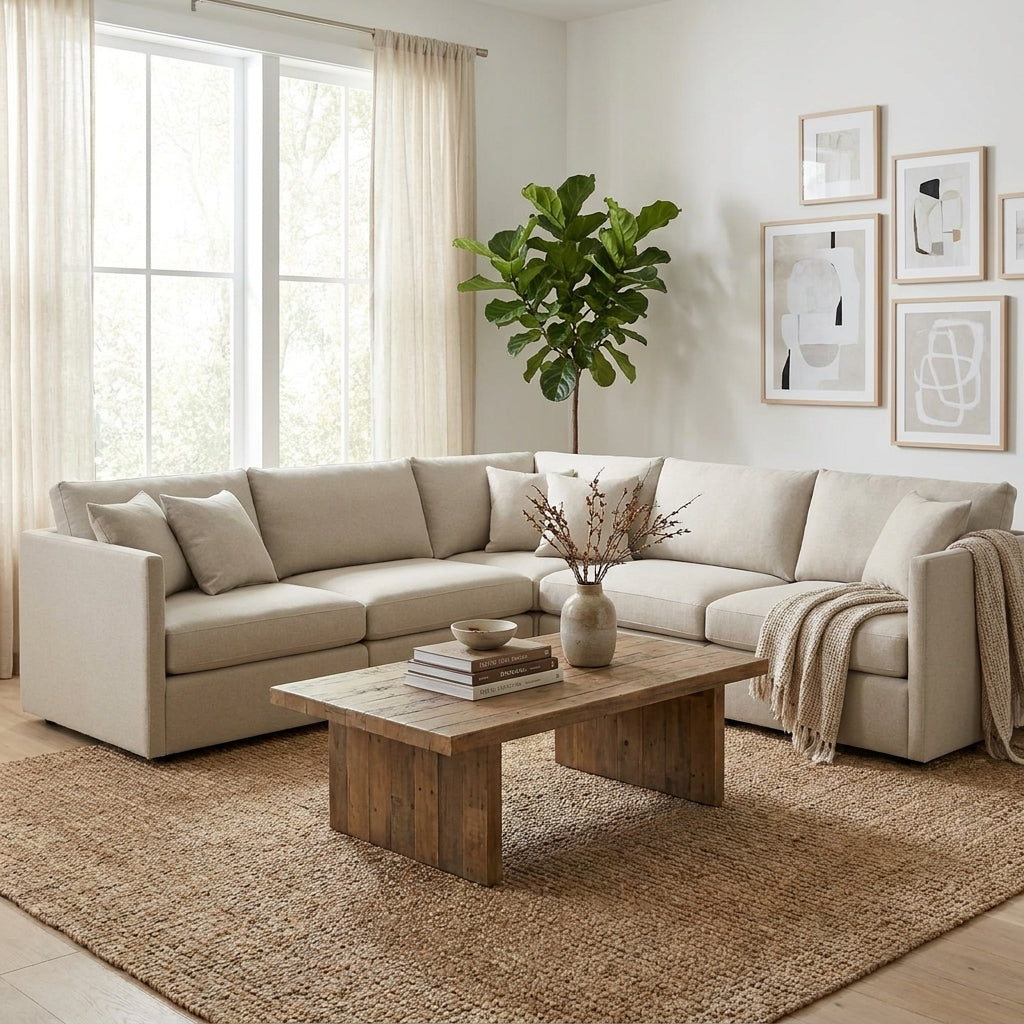 Beige L-shaped sectional sofa with cushions.