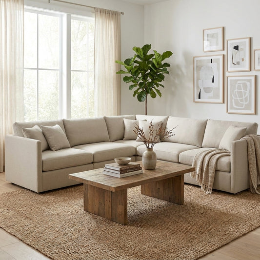 Beige L-shaped sectional sofa with cushions.