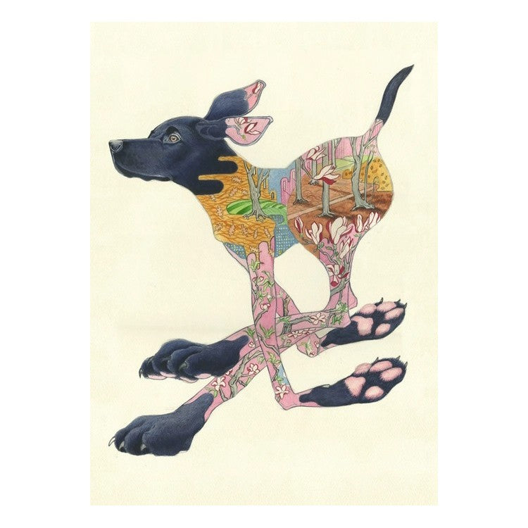Illustration of a dog with a landscape and nature patterns on its body.