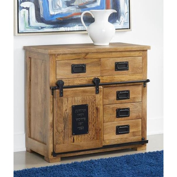 Wooden cabinet with drawers, sliding door, and a white vase on top.
