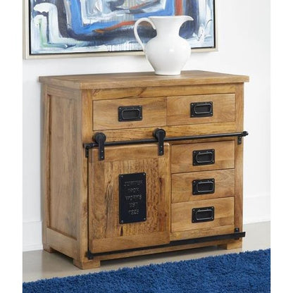 Wooden cabinet with drawers, sliding door, and a white vase on top.