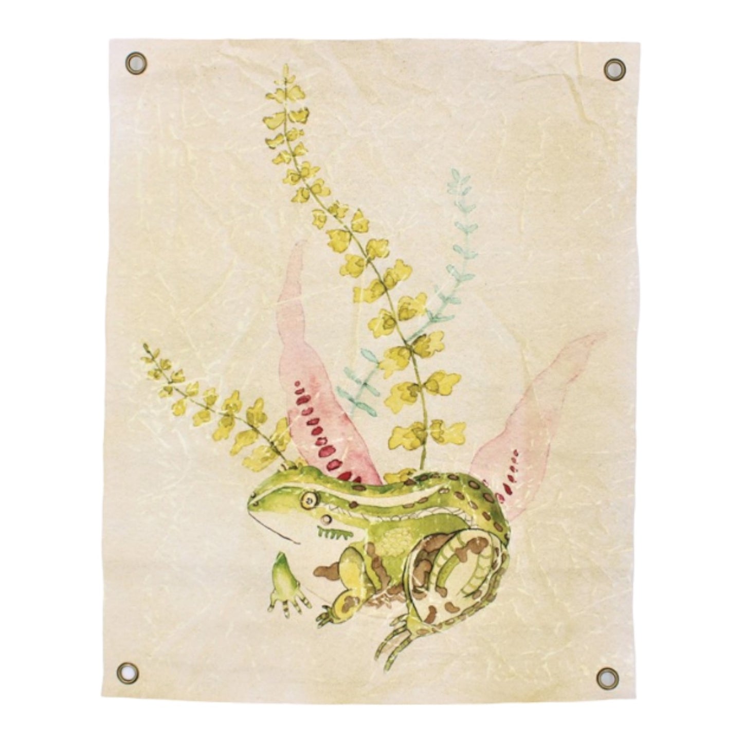 Watercolor frog and plants on beige fabric background.