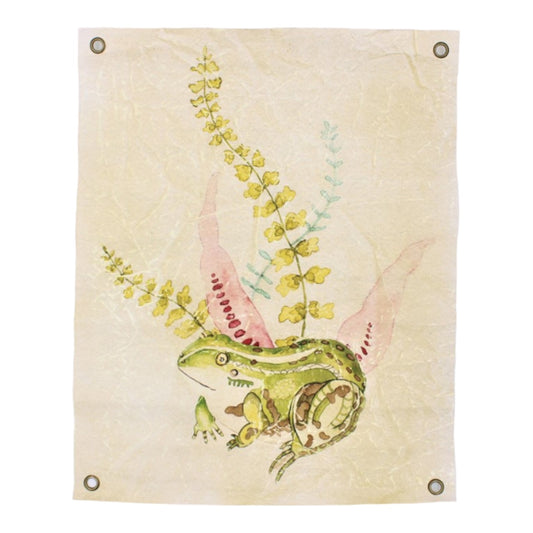 Watercolor frog and plants on beige fabric background.