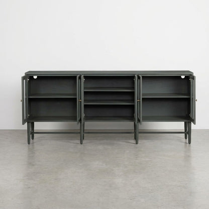 Green cabinet with glass doors and interior shelves.