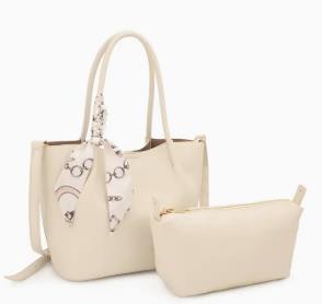 Cream handbag with scarf and matching pouch on a white background.