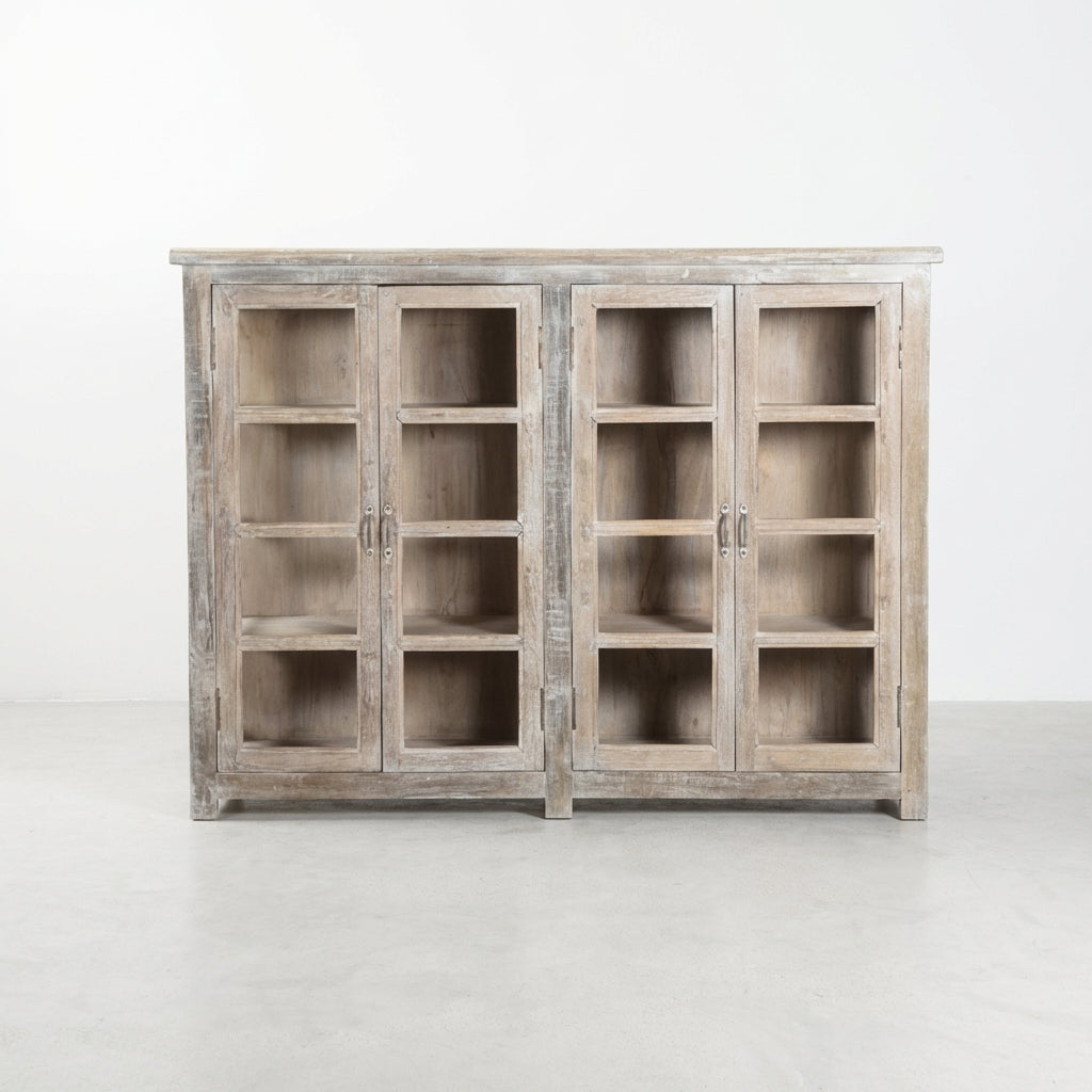 Wooden cabinet with glass doors and multiple shelves.