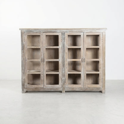 Wooden cabinet with glass doors and multiple shelves.