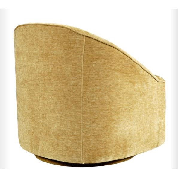 Beige, curved swivel chair with fabric texture.