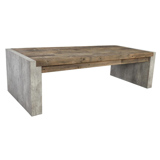 Modern low wooden table with concrete sides.