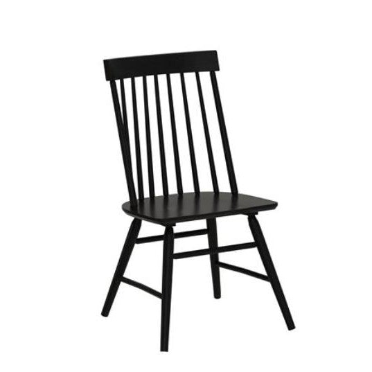 Black wooden chair with vertical slats and angled legs.