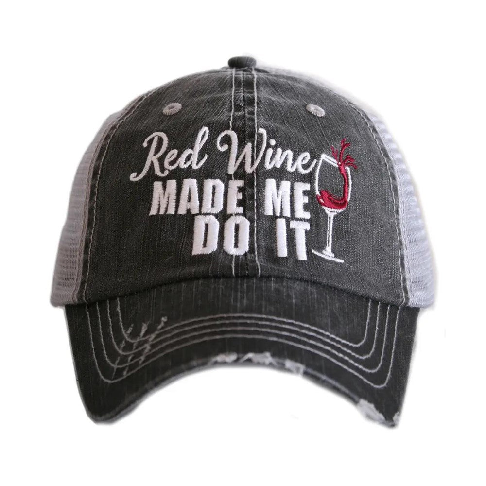 Gray cap with text: "Red Wine Made Me Do It" and wine glass image.