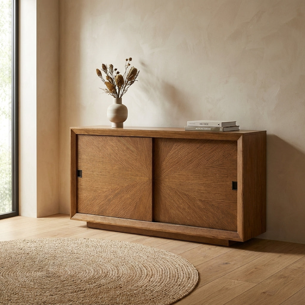 Wooden cabinet with geometric pattern and sliding doors.