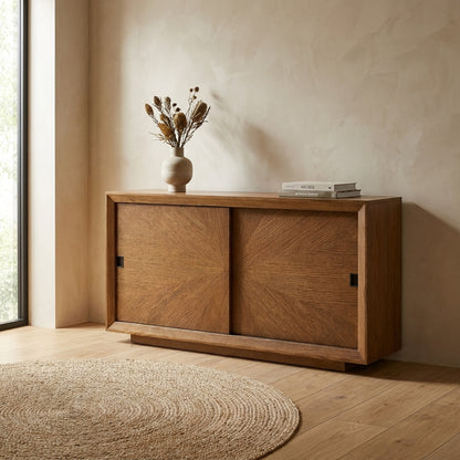 Wooden cabinet with geometric pattern and sliding doors.