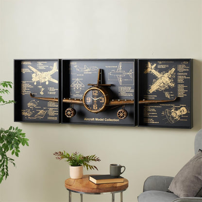 Picture of Airplane Wall Clock and Framed Illustrations, Set of 3