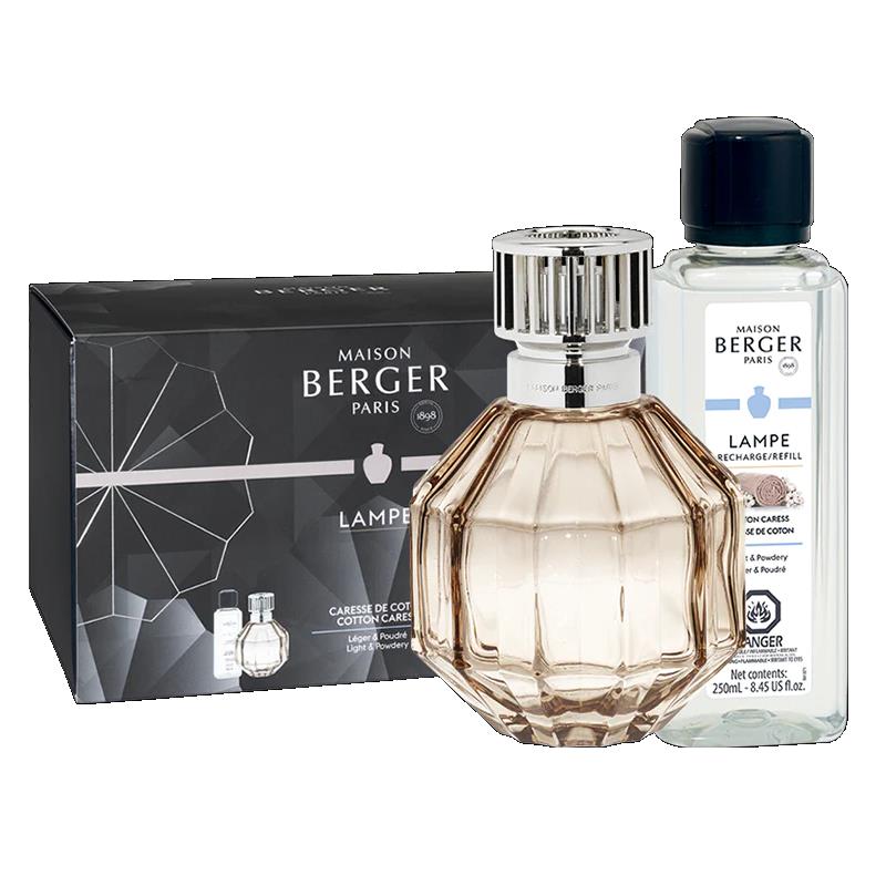 Perfume lamp set with refill bottle and stylish packaging.