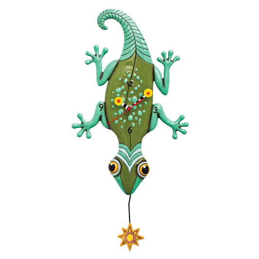Colorful lizard-shaped wall clock with a sun pendulum.