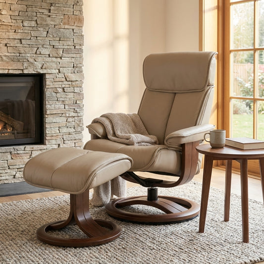 Beige recliner chair with wooden base.