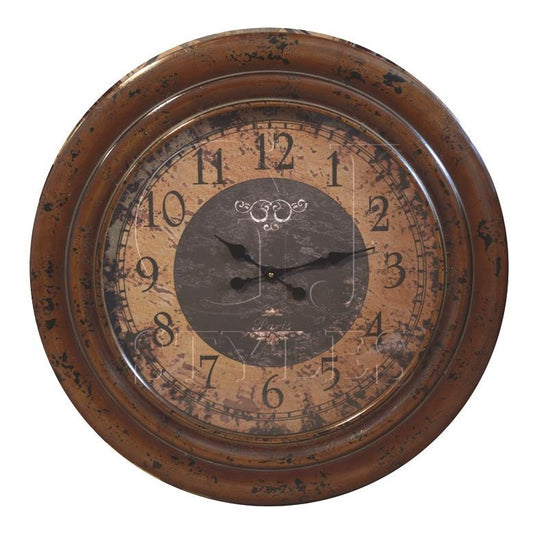 Vintage clock with rustic, weathered brown finish.