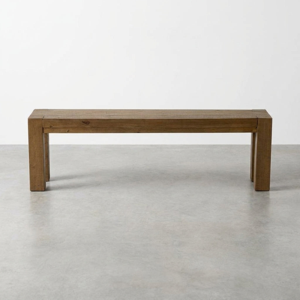 Wooden bench on a gray floor, against a plain white background.