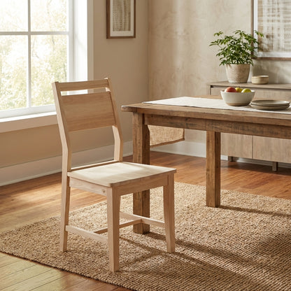 Simple wooden chair with a slatted backrest and natural finish.