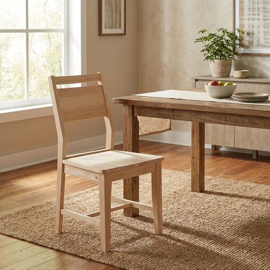 Simple wooden chair with a slatted backrest and natural finish.