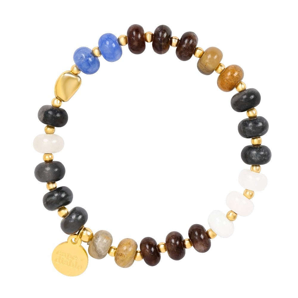 Multicolored beaded bracelet with gold accents and a small charm.