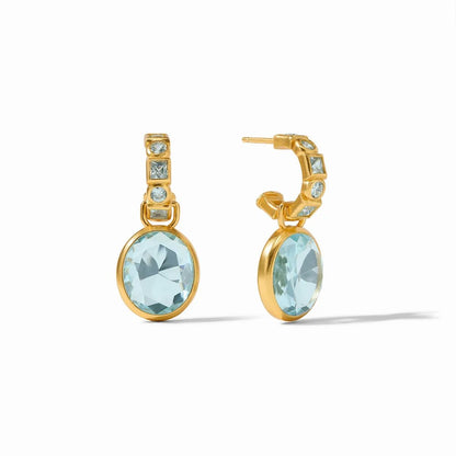 Gold drop earrings with pale blue gemstones, shown from the front and side.