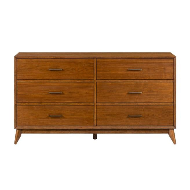 Wooden dresser with six drawers and sleek handles.
