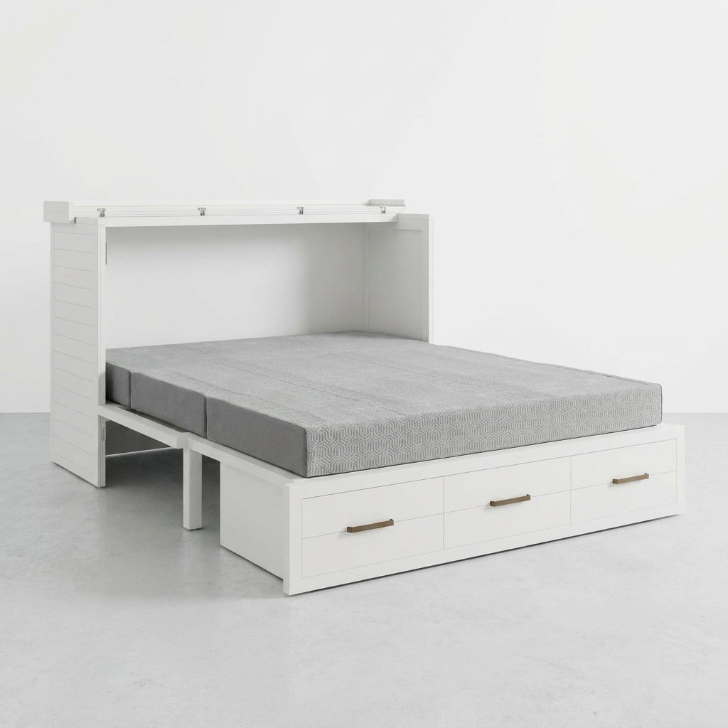 White Murphy bed with gray mattress and storage drawers.