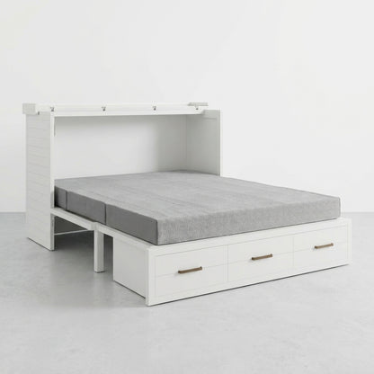 White Murphy bed with gray mattress and storage drawers.