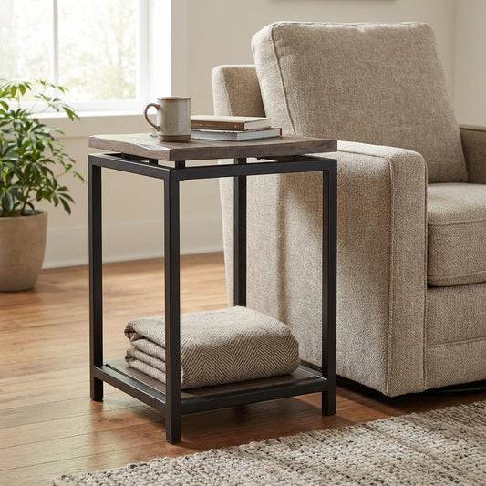 Wooden industrial-style side table with a black metal frame.