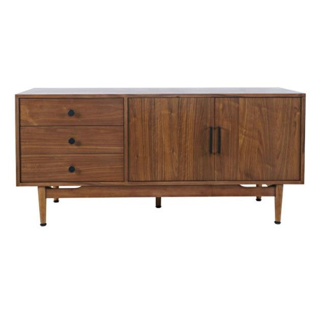 Wooden sideboard with two doors and three drawers, mid-century design.