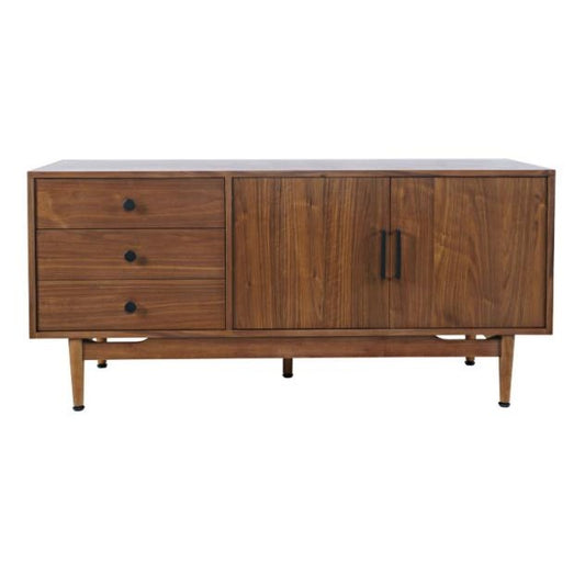 Wooden sideboard with two doors and three drawers, mid-century design.