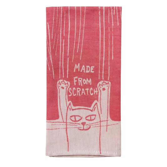 Cat design towel with "Made from Scratch" text.