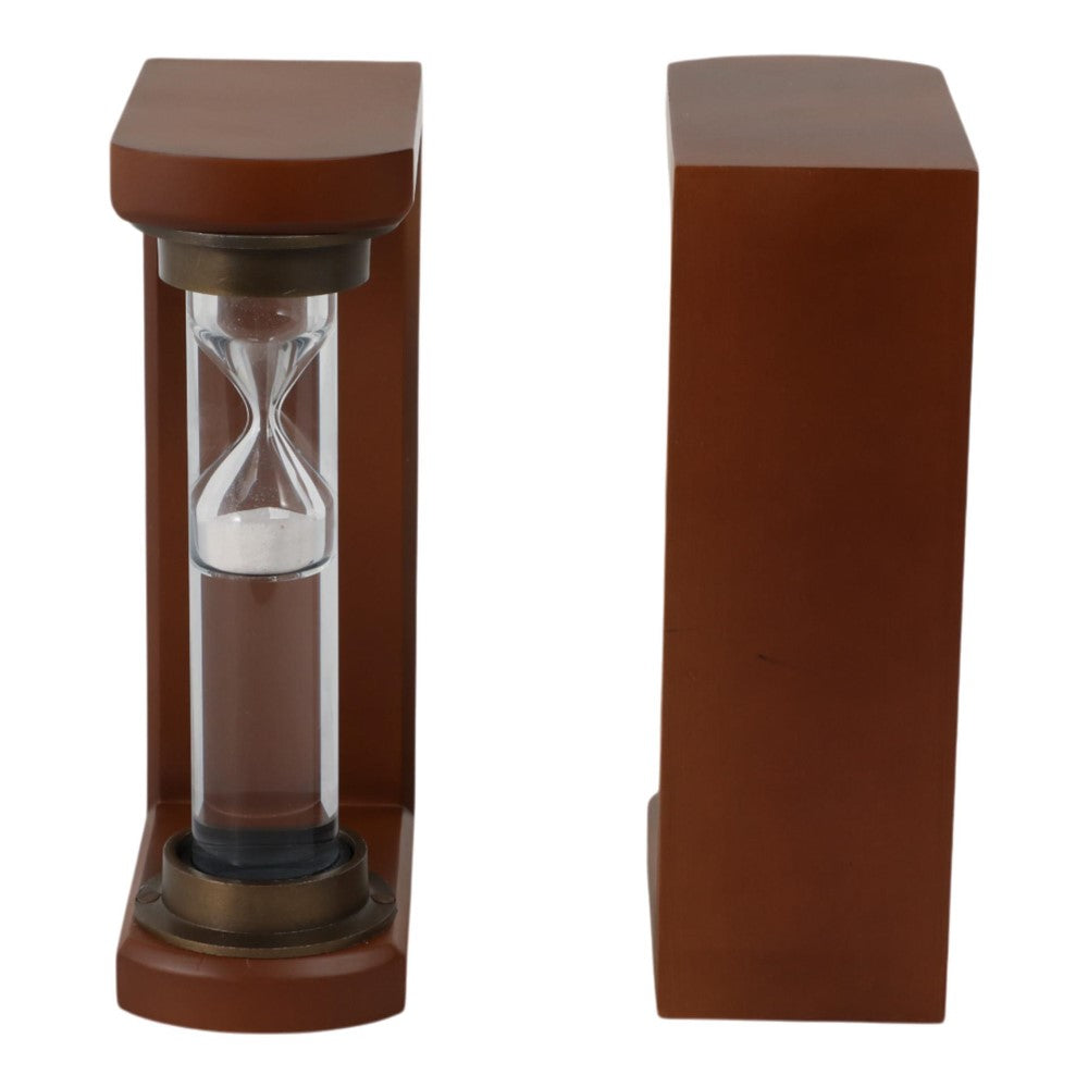 Wooden bookend with an hourglass timer.