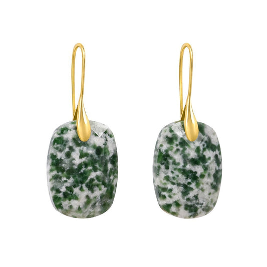 Gold-dangled, green-white speckled stone earrings.