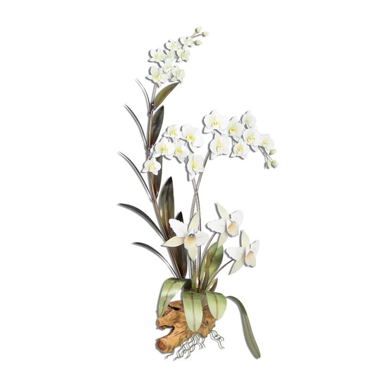 Metal sculpture of a white orchid on driftwood base.