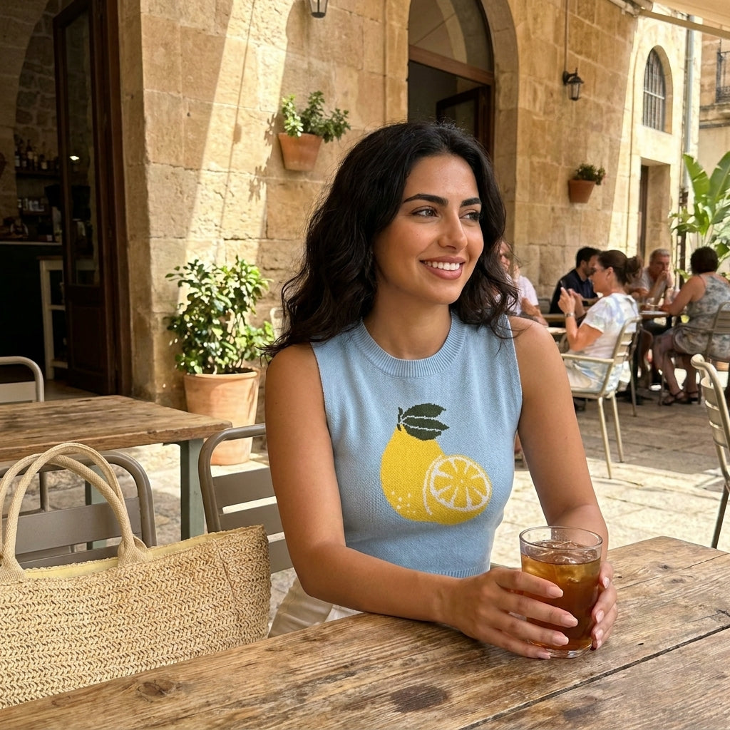 Woman enjoying a drink at an outdoor café, wearing a lemon-themed top.