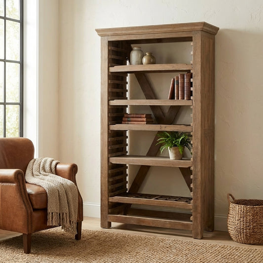 Cozy room with leather armchair, wooden shelf, and decor.