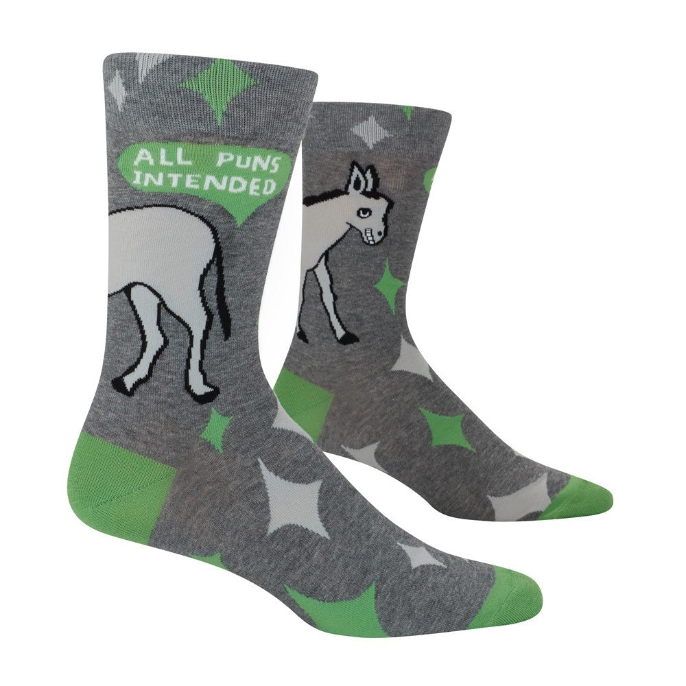 Gray socks with donkeys and "All Puns Intended" design in green.