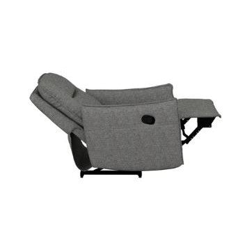 Gray recliner chair fully extended, side view.