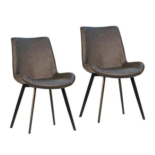 Two modern brown chairs with metal legs.