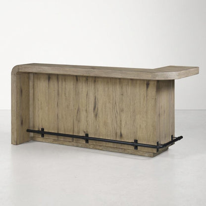 Wooden bar counter with metal footrest on a white background.