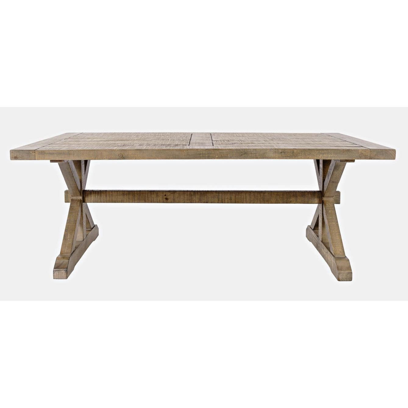 Rustic wooden dining table with trestle legs.