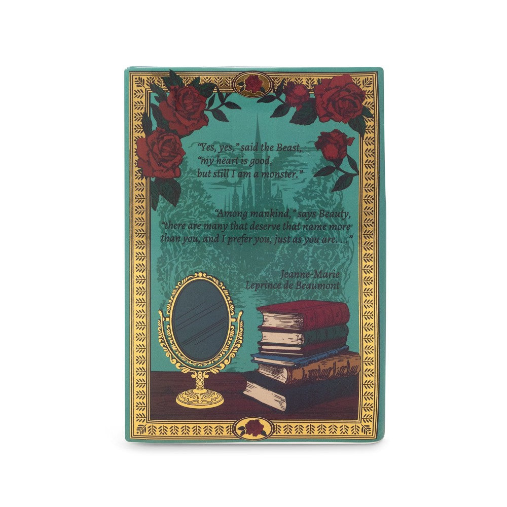 Book art with roses, text, mirror, and stacked books on a vintage-style background.