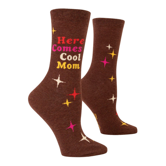 Brown socks with "Here Comes Cool Mom" and colorful sparkles.