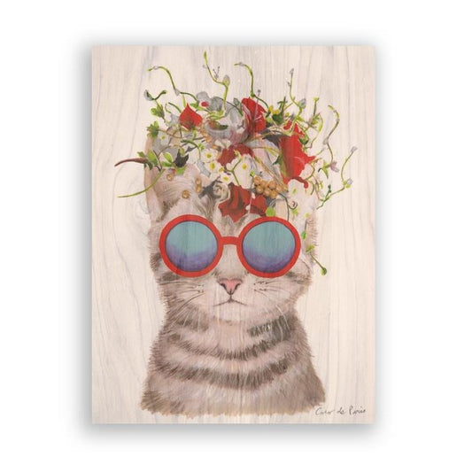 Picture of "Cat with Flower Hat" Wood Block Art Print