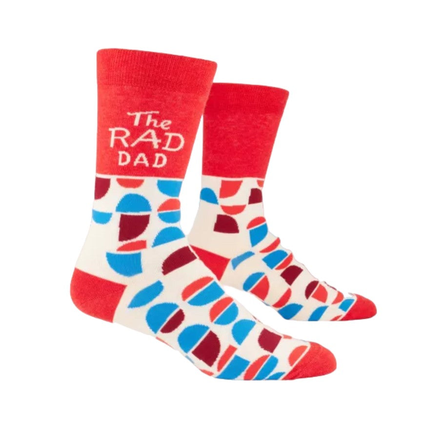 Red socks with colorful shapes and "The Rad Dad" text.